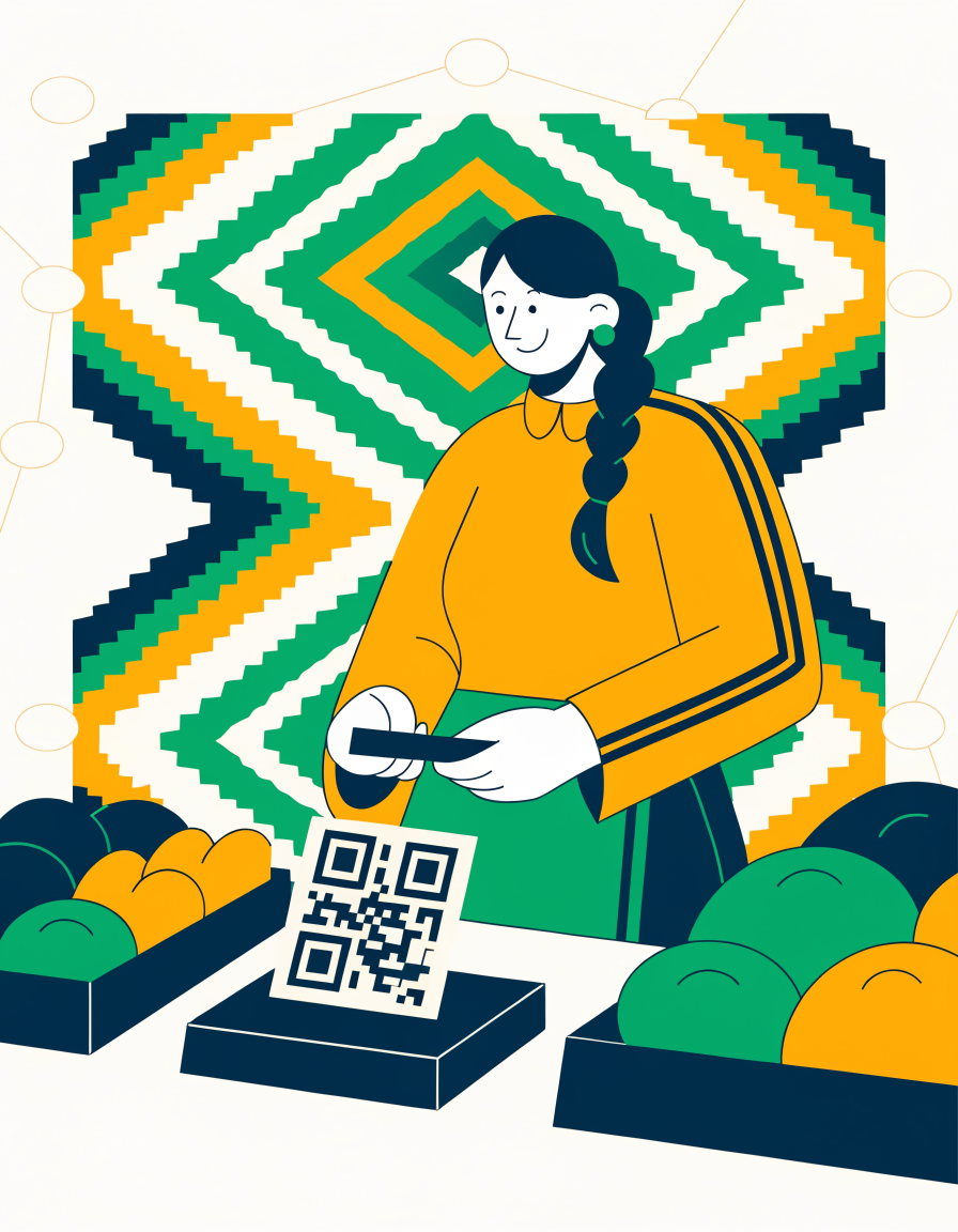 Comerciante escaneando un código QR, con motivos de tejido aguayo